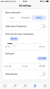 Screenshot of KEF Connect app showing sub settings